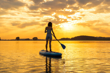 silhouette of woman on inflatable SUP board and paddling through shining water surface. aesthetically wide shot. Freedom happy female at sunset on a lake