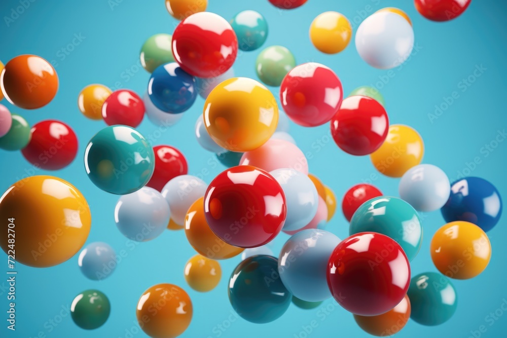 Poster A vibrant image featuring a bunch of colorful balls floating in the air. Perfect for adding a touch of fun and excitement to any project or design