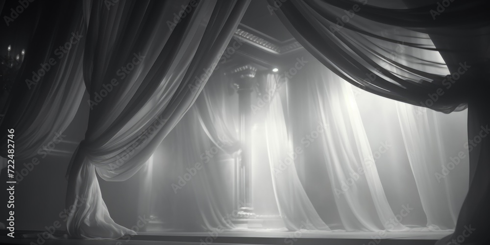 Poster a stage with sheer curtains and a stage light. perfect for theater performances or live events