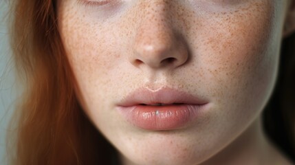 Obraz premium A detailed close up of a woman's face showcasing her unique freckles. This image can be used to promote natural beauty or skincare products