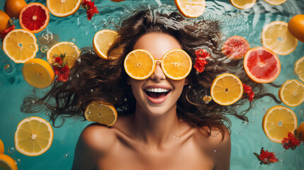 young woman in sunglasses on floating citruses fruits background. advert for perfume, summer resort - obrazy, fototapety, plakaty