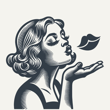 Retro Girl Blowing a Kiss. Vintage woodcut engraving style vector illustration.