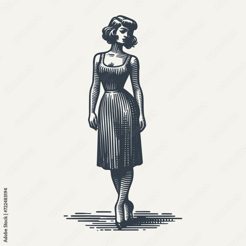 Wall mural retro girl in a dress standing. vintage woodcut engraving style vector illustration.