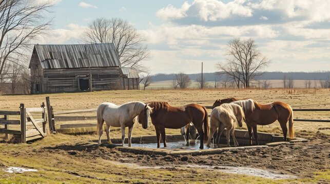  a group of horses drinking water from a trough in a fenced in area with a barn in the background.