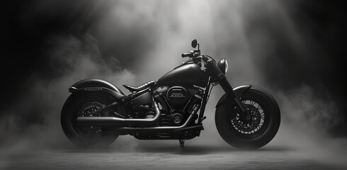 A dark motorcycle surrounded by smoke with ray lights