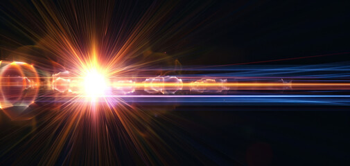 Abstract sun burst, digital flare, iridescent glare, lens flare effects over black background for...