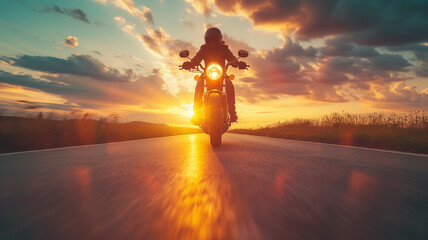 A man on a motorcycle rides fast on the road at sunset