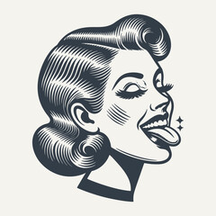 Quirky retro girl showing here tongue. Vintage woodcut engraving style vector illustration.