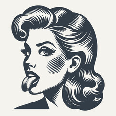 Quirky retro girl showing here tongue. Vintage woodcut engraving style vector illustration.