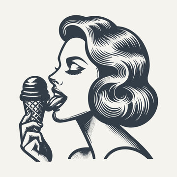 Retro girl licking icecream. Vintage woodcut engraving style vector illustration.