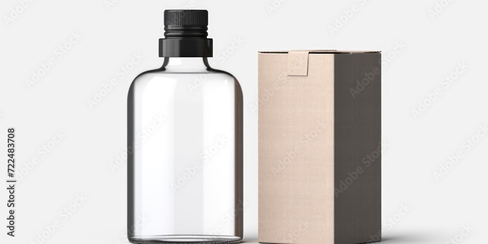 Poster A bottle of water is seen placed next to a cardboard box. This versatile image can be used in various contexts