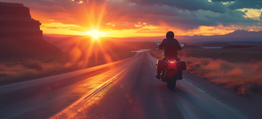 Back view of a man on a motorcycle at sunset