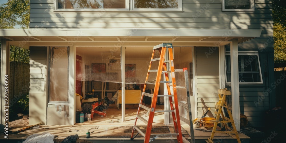 Poster A picture showing a house being remodeled with the use of ladders. This image can be used to depict home improvement projects or construction work