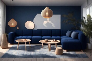 Modern Living Room Interior with Elegant Blue Sofa, Wooden Coffee Tables, and Stylish Pendant Lights against a Dark Blue Wall