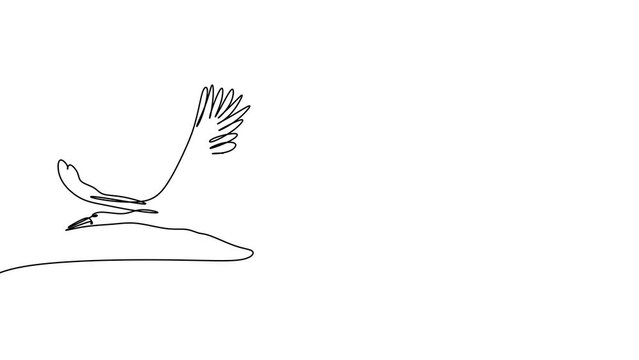 Animated self drawing of continuous line draw boy, girl flying with stork together. Children fly and sitting on back stork bird at sky. Kids learning to ride cute stork. Full length one line animation