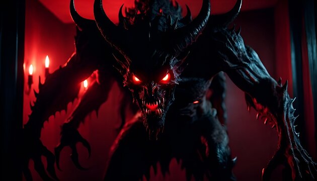 Demon with multiple arms, glowing red eyes and fangs in a dark room - Powered by Adobe