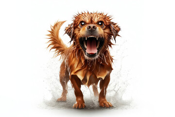 full body funny angry wet dog with open mouth emotion on white background with water splash. ai generative