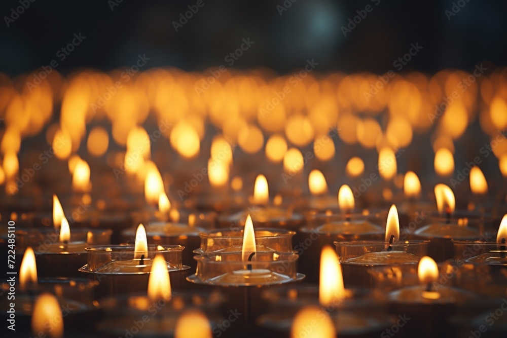 Poster a group of lit candles illuminating a dark room. perfect for creating a cozy and calming atmosphere.