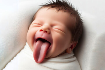 funny newborn baby shows long tongue isolated on solid white background. ai generative
