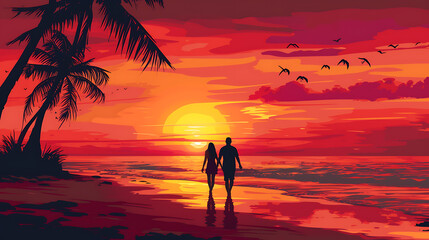 A breathtaking illustration capturing the enchantment of love as a couple strolls hand in hand on a picturesque beach while the sun sets gracefully. - obrazy, fototapety, plakaty