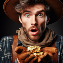 gold rush, portrait of a man prospector with a surprised facial expression who is holding a gold nugget. ai generative - obrazy, fototapety, plakaty