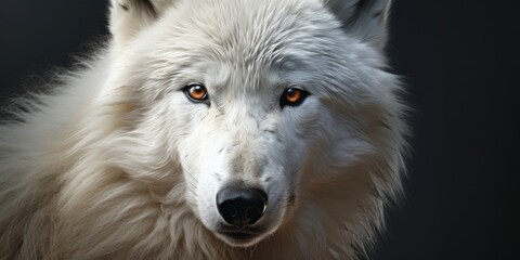 Obraz premium A detailed view of a white wolf with striking orange eyes. Perfect for wildlife enthusiasts and animal lovers