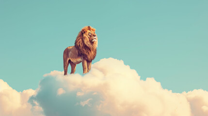  a lion standing on top of a cloud in a blue sky with a quote above it that reads, the lion is standing on top of a cloud.