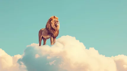 Foto op Aluminium  a lion standing on top of a cloud in a blue sky with a quote above it that reads, the lion is standing on top of a cloud. © Anna