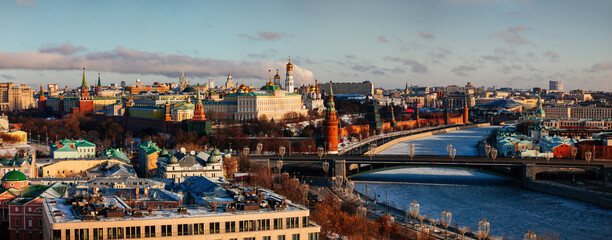 Aerial panoramic Moscow skyline in sunny winter day
