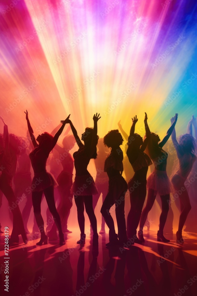 Poster A vibrant image capturing a group of people dancing in front of a mesmerizing display of colorful lights. Perfect for adding energy and excitement to any project or event