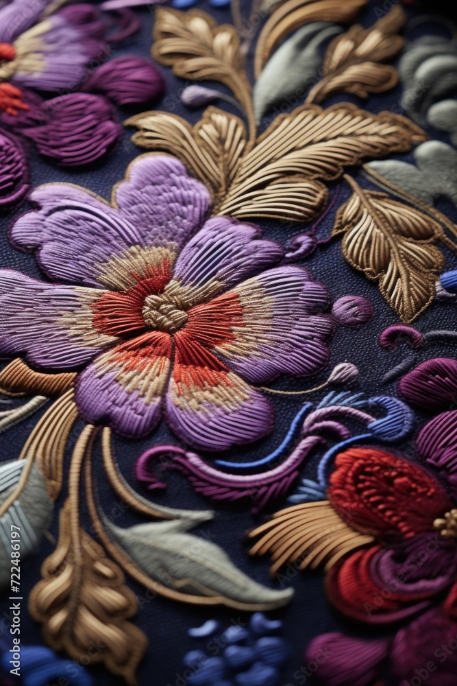 Poster a detailed close-up of a flower embroidery on a piece of cloth. perfect for adding a touch of elegan