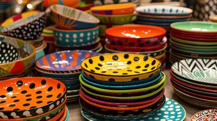  a pile of colorful bowls sitting on top of a table next to a pile of plates on top of a table.