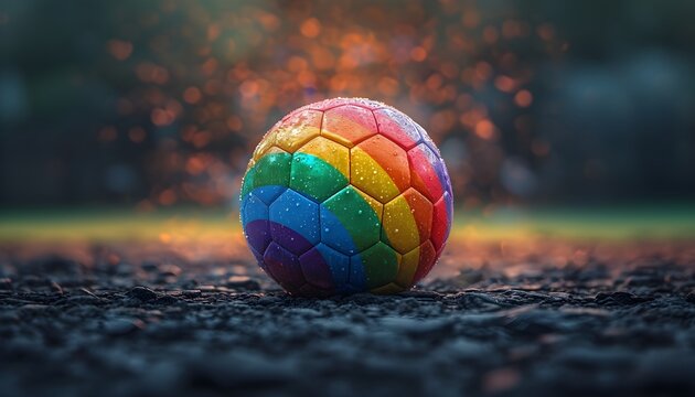 Fu&szlig;ball in Regenbogenfarben auf einem Ascheplatz (KI-/AI-generiert)