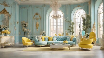Elegant Living Room with Turquoise Walls, Crystal Chandelier, Yellow and Turquoise Furniture, Ornate Gold Decorations, and Large Windows