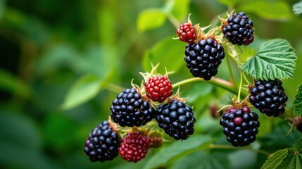  a bunch of blackberries growing on a bush with green leaves and red berries in the middle of the bush.