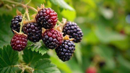  a bunch of blackberries growing on a bush with green leaves and red berries on the top of the bush.