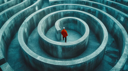 Person stands in center of round concrete labyrinth alone, man solution is deadlocked in surreal maze. Concept of problem, lost, uncertainty, deadlock, way, impasse and dead end.