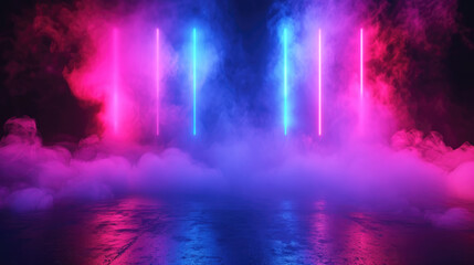 Fototapeta na wymiar Modern neon stage background, empty dark space with smoke and lines of led blue and red light. Futuristic design of abstract scene. Concept of room, hall, studio