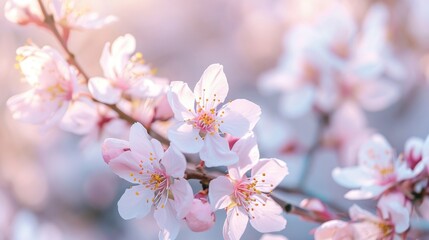  a close up of a bunch of flowers on a branch with a blurry background of pink and white flowers.