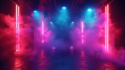 Modern neon stage background, empty dark space with smoke and blue red light. Futuristic design of abstract scene. Concept of cyberpunk room, hall interior, studio