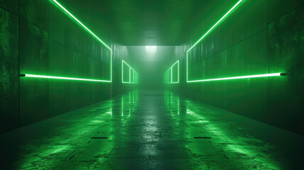 Modern concrete tunnel background, perspective view of dark garage and lines of green neon light....