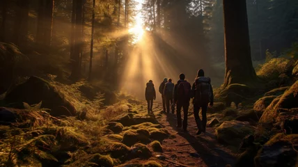 Foto op Aluminium Hikers walk in forest at sunset or sunrise, group of people in pine woods. Scenic view of men, sunlight and trees in summer. Concept of hiking, journey, nature and travel © scaliger