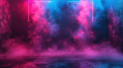Modern neon stage background, empty dark concrete room with smoke and blue red light. Futuristic...
