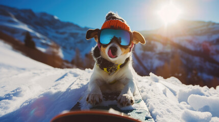 Portrait of dog on snowboard on ski slope in winter, funny pet in sunglasses and hat poses for photo on mountain background. Concept of sport, snow, resort, vacation and travel. - obrazy, fototapety, plakaty
