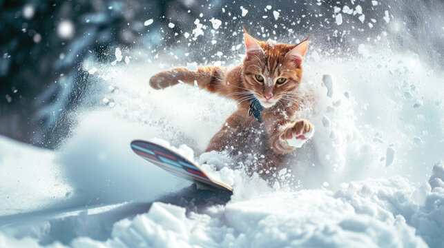 Ginger cat snowboarder going down ski slope in winter, funny pet rides snowboard with splash of snow powder. Concept of sport, extreme, resort, vacation, spray and travel.
