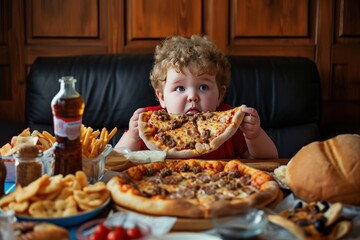 Little boy with curly hair eating pizza at home. Fast food. Child with obesity. Overweight and obesity concept. Obesity Concept with Copy Space.