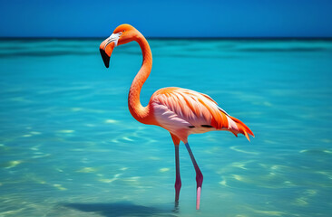 Pink flamingo standing in water.