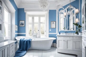 Elegant Blue and White Bathroom Interior with Classic Bathtub, Crystal Chandelier, Vintage Vanity, and Artistic Wall Decorations