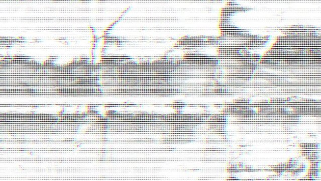 Glitch, corrupted signal, black and white lines. Retro-style static and glitch effect on a TV screen.