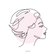 Line drawing. Minimalist logo for a women's line. Flower head Woman line drawing illustration. Woman's face with a line of flowers. Natural organic cosmetics.